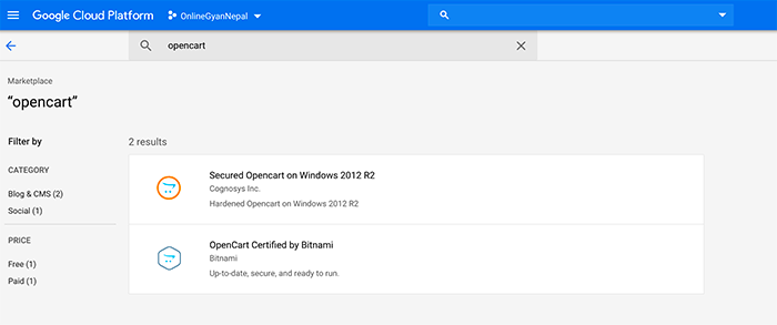 Search Opencart in Google Cloud